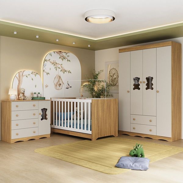 Quarto de Bebê Completo com Berço Americano 3 em 1 Doçura Multimóveis MP4646 Madeirado/Off White