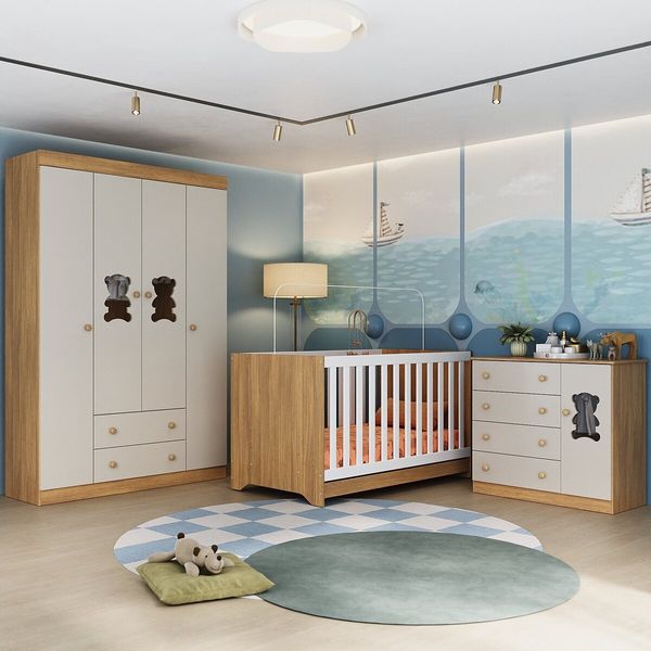 Quarto de Bebê Completo com Berço Americano 3 em 1 Teddy Multimóveis MP4644 Madeirado/Off White