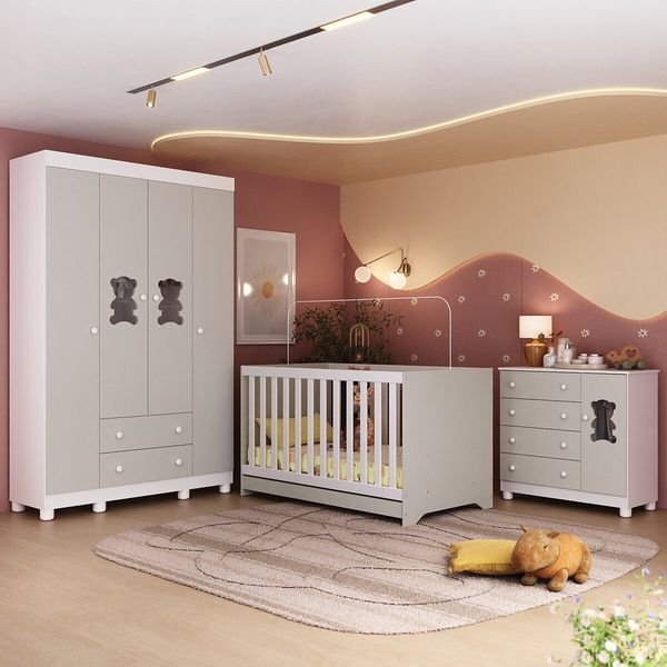 Quarto de Bebê Completo com Berço Americano 3 em 1 Fofura Multimóveis MP4645 Branco/Off White