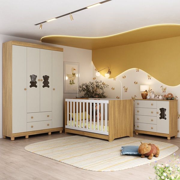 Quarto de Bebê Completo com Berço Americano 3 em 1 Fofura Multimóveis MP4645 Madeirado/Off White