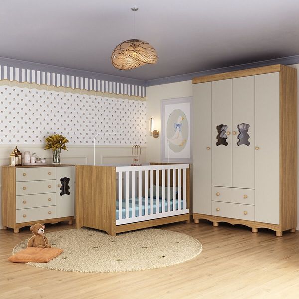 Quarto de Bebê Completo com Berço Americano 3 em 1 Ternura Multimóveis MP4647 Madeirado/Off White