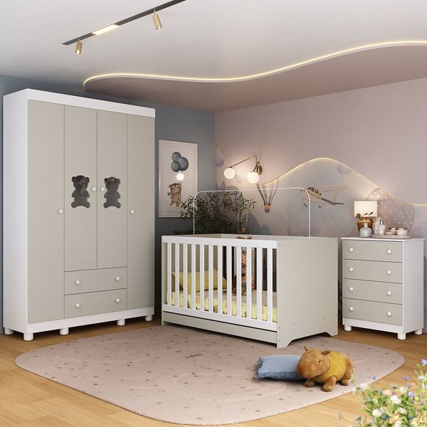 Quarto de Bebê Completo com Berço Americano 3 em 1 Fofura Multimóveis MP4649 Branco/Off White