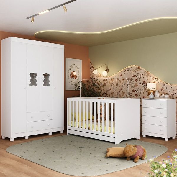 Quarto de Bebê Completo com Berço Americano 3 em 1 Fofura Multimóveis MP4649 Branco