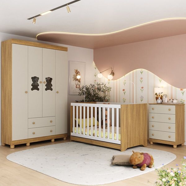 Quarto de Bebê Completo com Berço Americano 3 em 1 Fofura Multimóveis MP4649 Madeirado/Off White