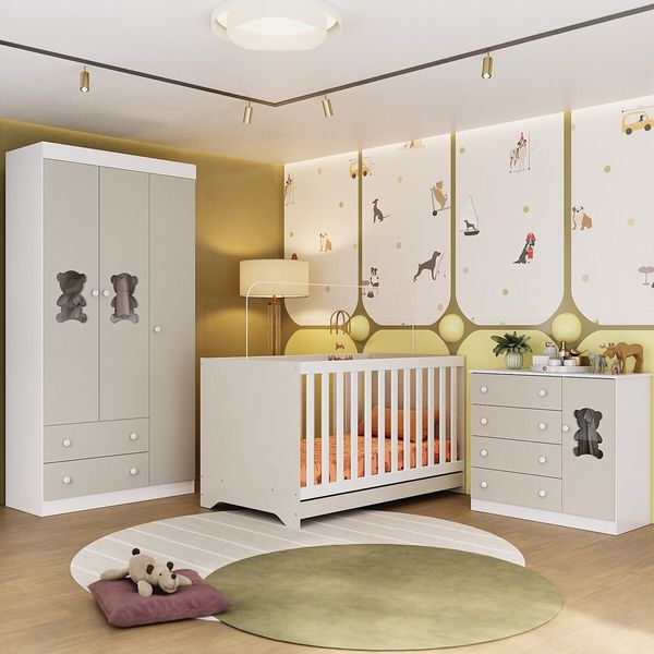Quarto de Bebê Completo com Berço Americano 3 em 1 Teddy Multimóveis MP4652 Branco/Off White