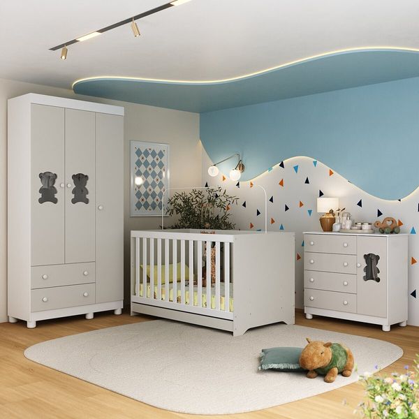 Quarto de Bebê Completo com Berço Americano 3 em 1 Fofura Multimóveis MP4653 Branco/Off White