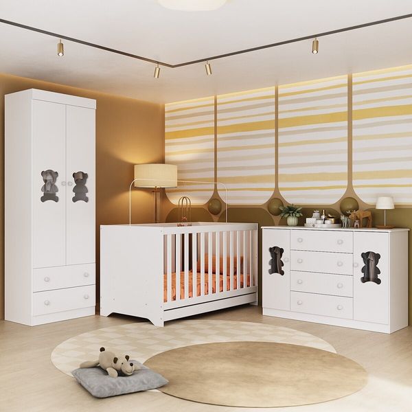 Quarto de Bebê Completo com Berço Americano 3 em 1 Teddy Multimóveis MP4656 Branco