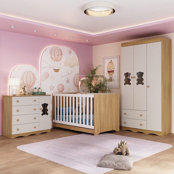 Quarto de Bebê Completo com Berço Americano 3 em 1 Doçura Multimóveis MP4654 Madeirado/Off White