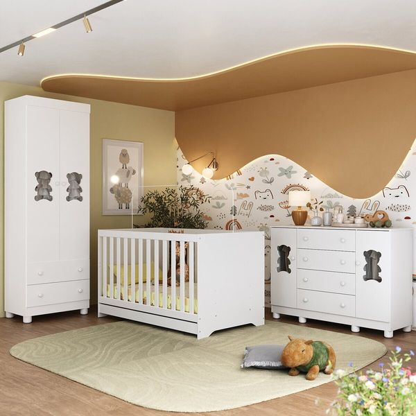 Quarto de Bebê Completo com Berço Americano 3 em 1 Fofura Multimóveis MP4657 Branco