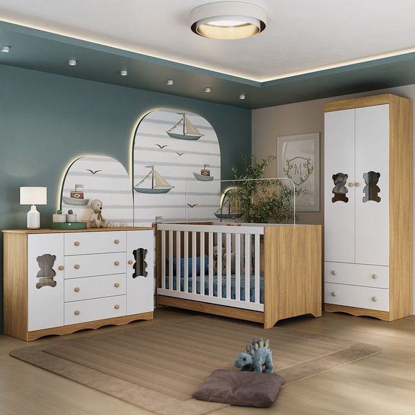 Quarto de Bebê Completo com Berço Americano 3 em 1 Doçura Multimóveis MP4658 Madeirado/Branco