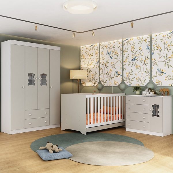Quarto de Bebê Completo com Berço Americano 3 em 1 Colchão Teddy Multimóveis MP4660 Branco/Off White