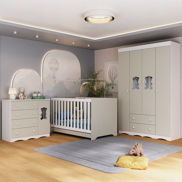 Quarto de Bebê Completo c/ Berço Americano 3 em 1 Colchão Doçura Multimóveis MP4662 Branco/Off White