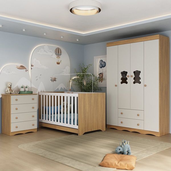 Quarto de Bebê Completo Berço Americano 3 em 1 Colchão Doçura Multimóveis MP4666 Madeirado/Off White