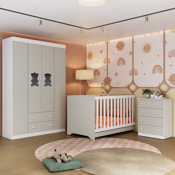 Quarto de Bebê Completo com Berço Americano 3 em 1 Colchão Teddy Multimóveis MP4664 Branco/Off White