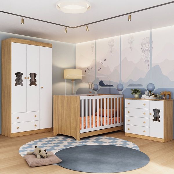 Quarto de Bebê Completo com Berço Americano 3 em 1 Colchão Teddy Multimóveis MP4668 Madeirado/Branco