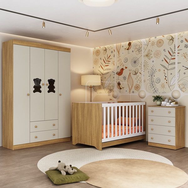 Quarto de Bebê Completo Berço Americano 3 em 1 Colchão Teddy Multimóveis MP4664 Madeirado/Off White