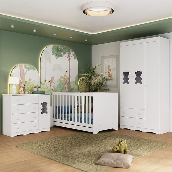 Quarto de Bebê Completo com Berço Americano 3 em 1 Colchão Doçura Multimóveis MP4670 Branco