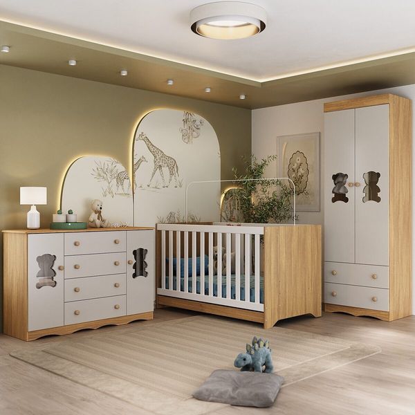 Quarto de Bebê Completo Berço Americano 3 em 1 Colchão Doçura Multimóveis MP4674 Madeirado/Off White
