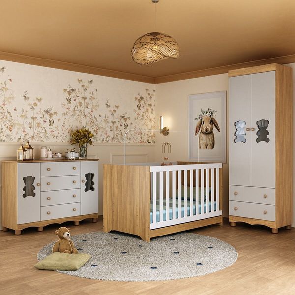 Quarto de Bebê Completo Berço Americano 3x1 Colchão Ternura Multimóveis MP4675 Madeirado/Off White