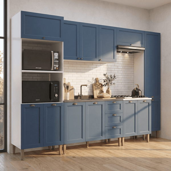 Armário de Cozinha Modulada Completa 305cm Branco/Azul Áurea Multimóveis