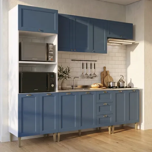 Armário de Cozinha Modulada Completa 260cm Branco/Azul Áurea Multimóveis