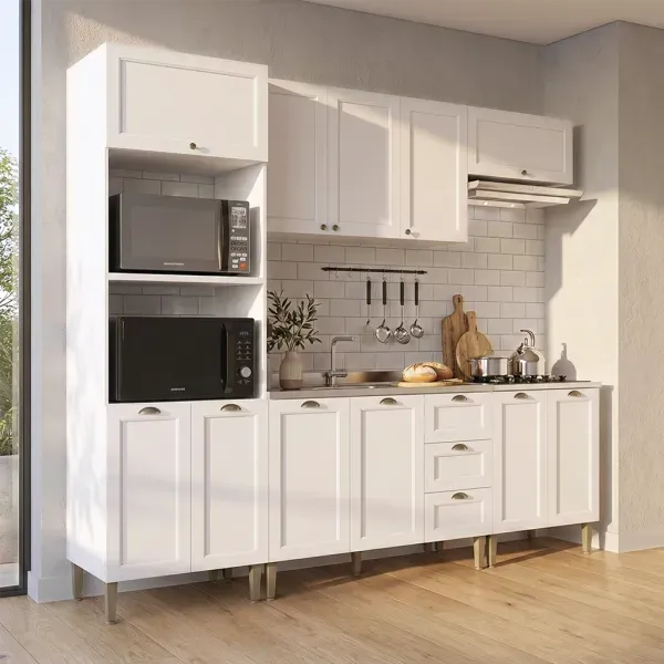 Armário de Cozinha Modulada Completa 260cm Branco Áurea Multimóveis