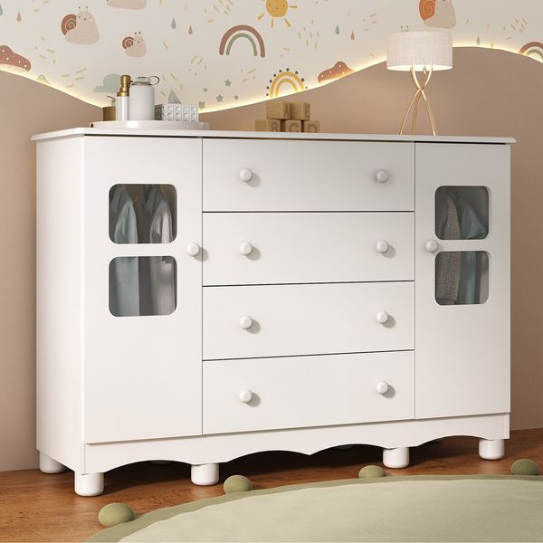Cômoda Infantil 125cm 2 Portas com Vidro e 4 Gavetas Luna Multimóveis MP4415 Branco