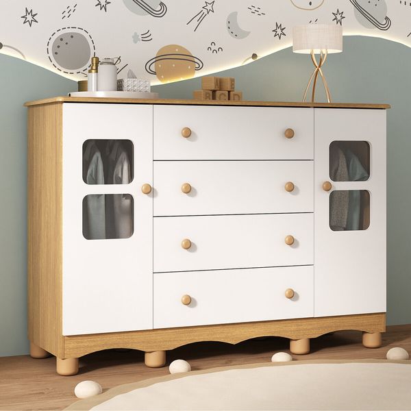 Cômoda Infantil 125cm 2 Portas com Vidro e 4 Gavetas Luna Multimóveis MP4415 Madeirado/Branco