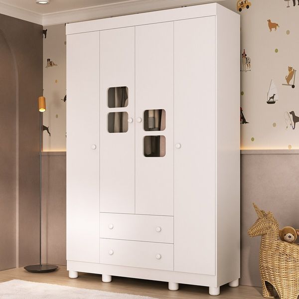 Guarda-roupa Infantil 122cm com Vidro 4 Portas e 2 Gavetas Sol Multimóveis MP4420 Branco
