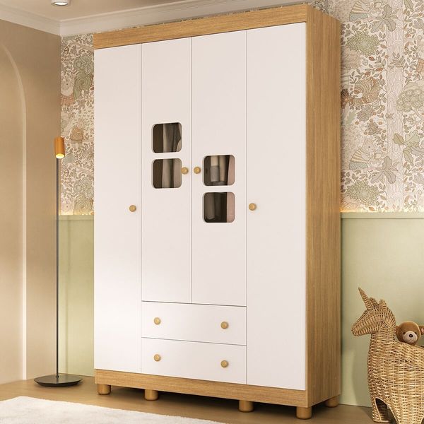 Guarda-roupa Infantil 122cm com Vidro 4 Portas e 2 Gavetas Sol Multimóveis MP4420 Madeirado/Branco