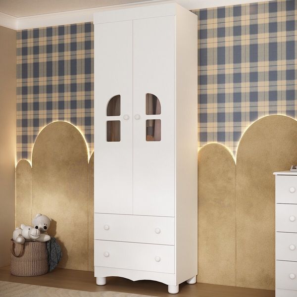 Guarda-roupa Infantil 62cm 2 Portas com Vidro e 2 Gavetas Aurora Multimóveis MP4496 Branco