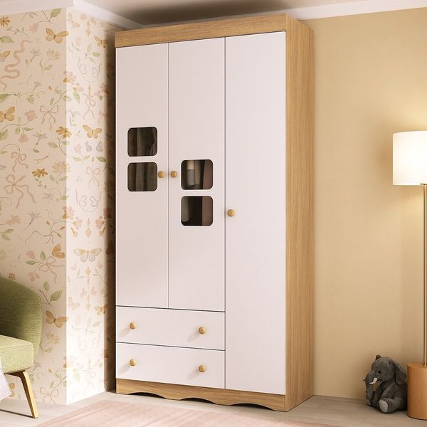 Guarda-roupa Infantil 92cm com Vidro 3 Portas e 2 Gavetas Serena Multimóveis MP4431 Madeirado/Branco