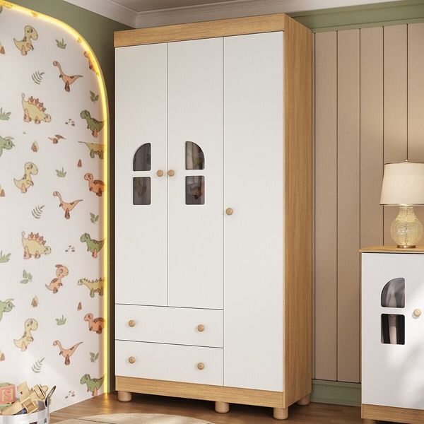 Guarda-roupa Infantil 92cm com Vidro 3 Portas e 2 Gavetas Nina Multimóveis MP4503 Madeirado/Branco