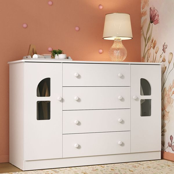 Cômoda Infantil 125cm 2 Portas com Vidro e 4 Gavetas Amora Multimóveis MP4511 Branco