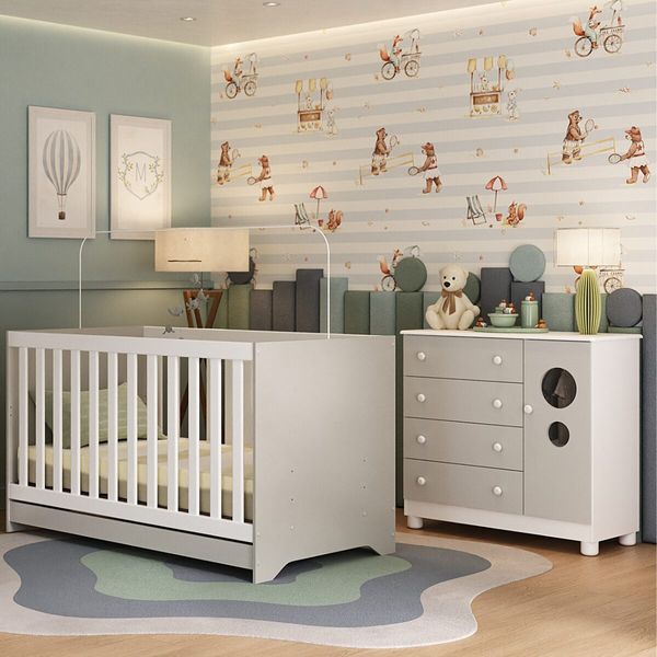 Berço Americano 3 em 1 com Cômoda 1 Porta 4 Gavetas Bombom Multimóveis MP4708 Branco/Off White