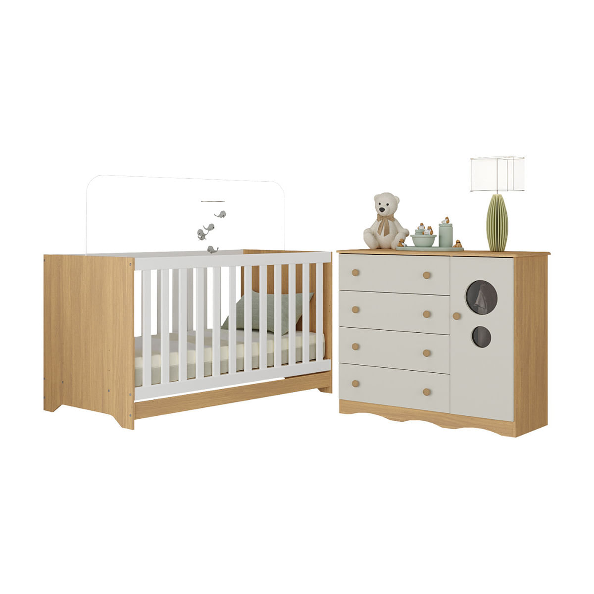 Berço Americano 3 em 1 com Cômoda 1 Porta 4 Gavetas Sonho Multimóveis MP4709 Madeirado/Off White
