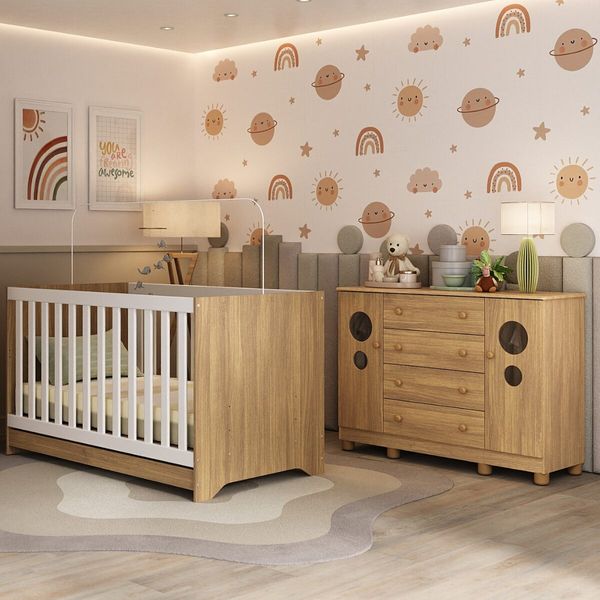 Berço Americano 3 em 1 com Cômoda 2 Portas 4 Gavetas Bombom Multimóveis MP4712 Madeirado