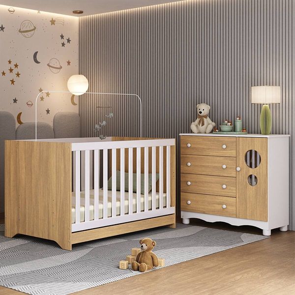 Berço Americano 3 em 1 com Colchão Incluso e Cômoda 1 Porta 4 Gavetas Suspiro Multimóveis MP4718 Branco/Madeirado