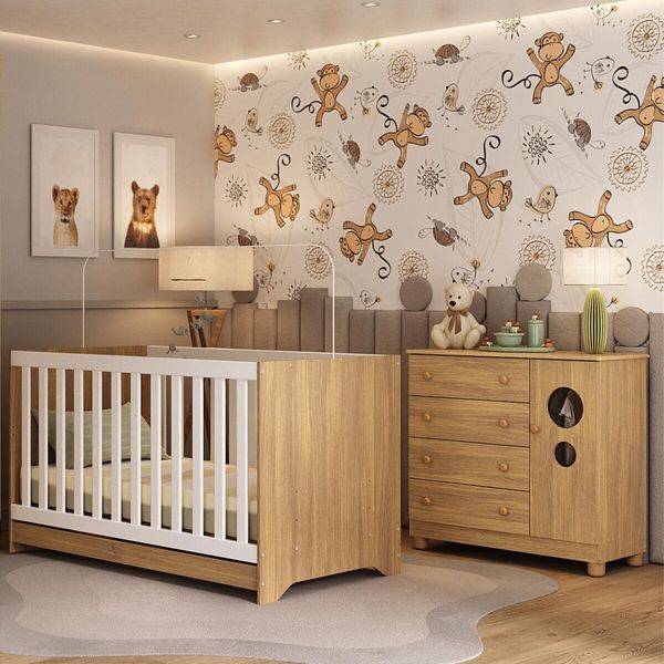 Berço Americano 3 em 1 com Colchão Incluso e Cômoda 1 Porta 4 Gavetas Bombom Multimóveis MP4716 Madeirado