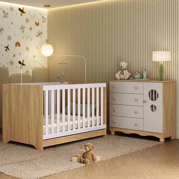 Berço Americano 3 em 1 com Colchão Incluso e Cômoda 1 Porta 4 Gavetas Suspiro Multimóveis MP4718 Madeirado/Off White