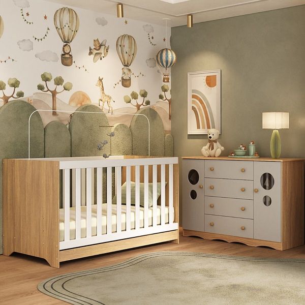 Berço Americano 3 em 1 com Colchão Incluso e Cômoda 2 Portas 4 Gavetas Sonho Multimóveis MP4721 Madeirado/Off White