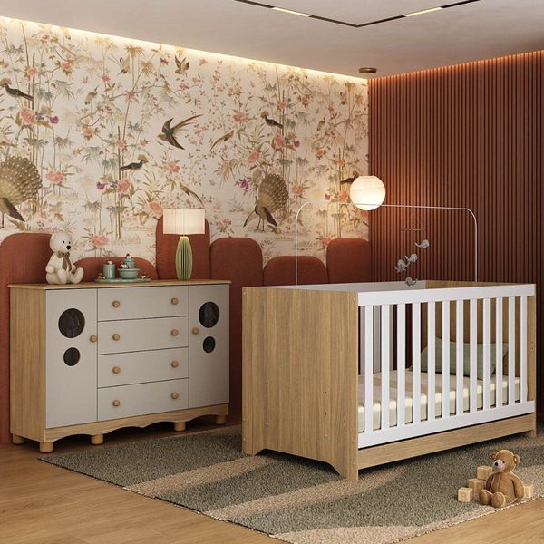 Berço Americano 3 em 1 com Colchão Incluso e Cômoda 2 Portas 4 Gavetas Suspiro Multimóveis MP4722 Madeirado/Off White