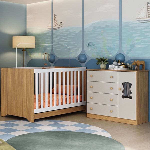 Berço Americano 3 em 1 com Cômoda 1 Porta 4 Gavetas Teddy Multimóveis MP4723 Madeirado/Off White