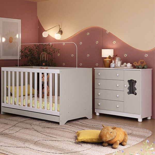 Berço Americano 3 em 1 com Cômoda 1 Porta 4 Gavetas Fofura Multimóveis MP4724 Branco/Off White