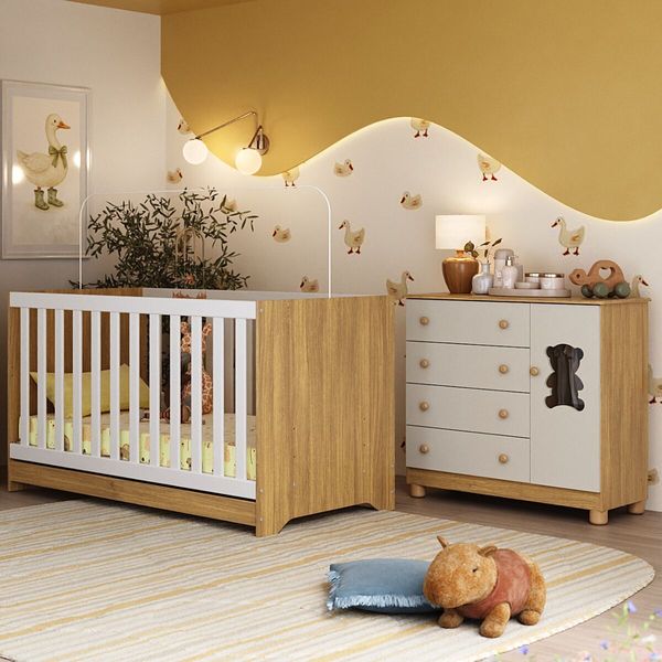 Berço Americano 3 em 1 com Cômoda 1 Porta 4 Gavetas Fofura Multimóveis MP4724 Madeirado/Off White