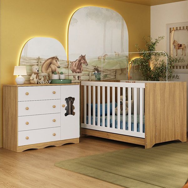 Berço Americano 3 em 1 com Cômoda 1 Porta 4 Gavetas Doçura Multimóveis MP4725 Madeirado/Branco