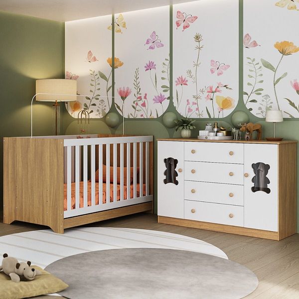 Berço Americano 3 em 1 com Cômoda 2 Portas 4 Gavetas Teddy Multimóveis MP4727 Madeirado/Branco