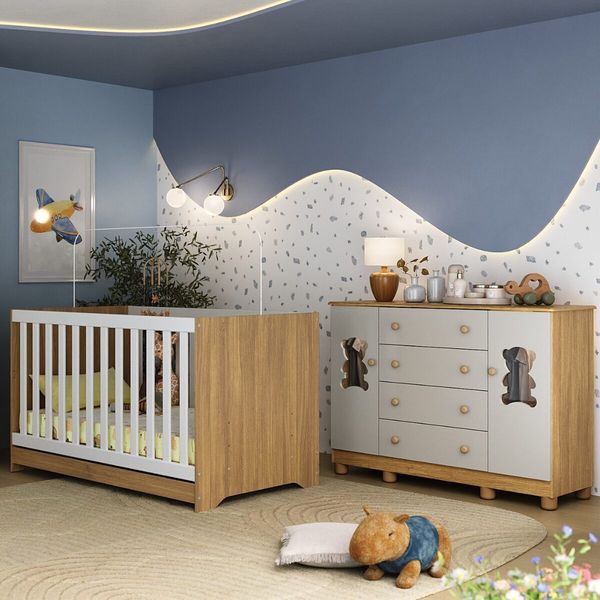 Berço Americano 3 em 1 com Cômoda 2 Portas 4 Gavetas Fofura Multimóveis MP4728 Madeirado/Off White