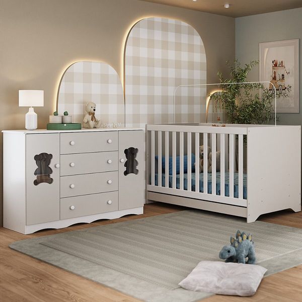 Berço Americano 3 em 1 com Cômoda 2 Portas 4 Gavetas Doçura Multimóveis MP4729 Branco/Off White