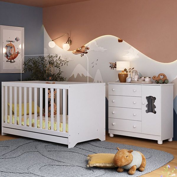 Berço Americano 3 em 1 com Colchão Incluso e Cômoda 1 Porta 4 Gavetas Fofura Multimóveis MP4732 Branco